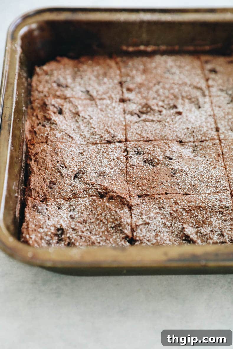 Guilt-Free Protein-Packed Brownies 5 protein brownies in a pan, lightly dusted with powdered sugar, ready to be cut.