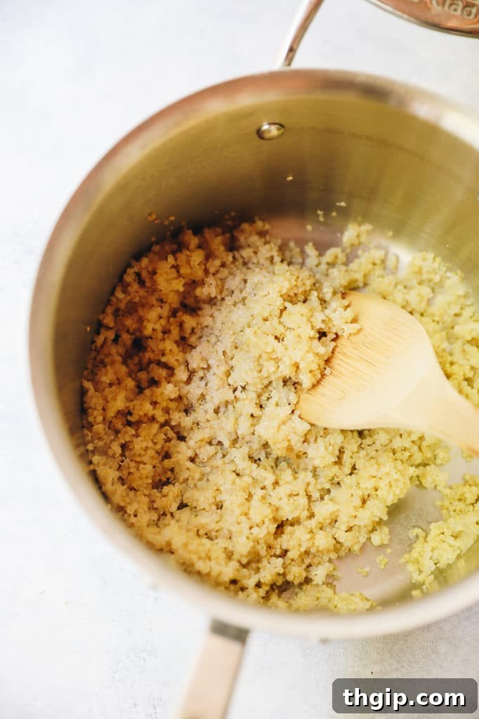 Cooked quinoa in a pot, ready to be served.