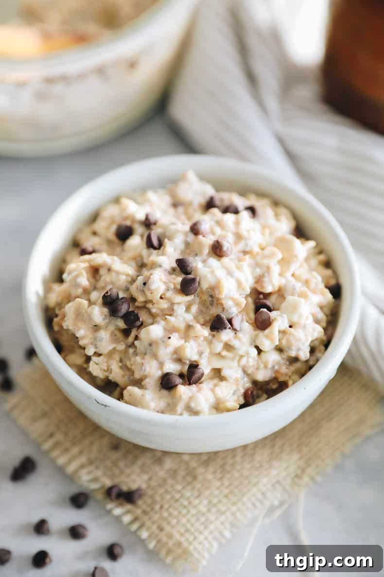 Creamy Cookie Dough Protein Overnight Oats 7 A top-down view of cottage cheese cookie dough overnight oats in a stylish bowl, garnished with chocolate chips and ready to eat.