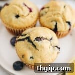Three lemon blueberry muffins on a small white plate with fresh blueberries and lemon slices.