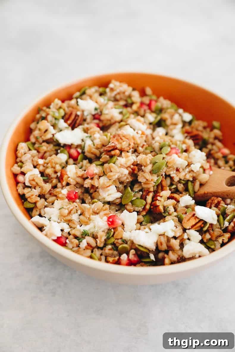 Hearty Farro-Filled Delicata Squash 5 A vibrant farro salad mixture with pecans, pepitas, pomegranate seeds, and goat cheese in a large bowl, ready for stuffing.