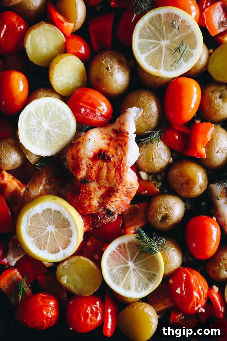 Lemon Herb Sheet Pan Cod 8 Beautifully plated baked cod with roasted potatoes, peppers, and tomatoes, ready to be served.
