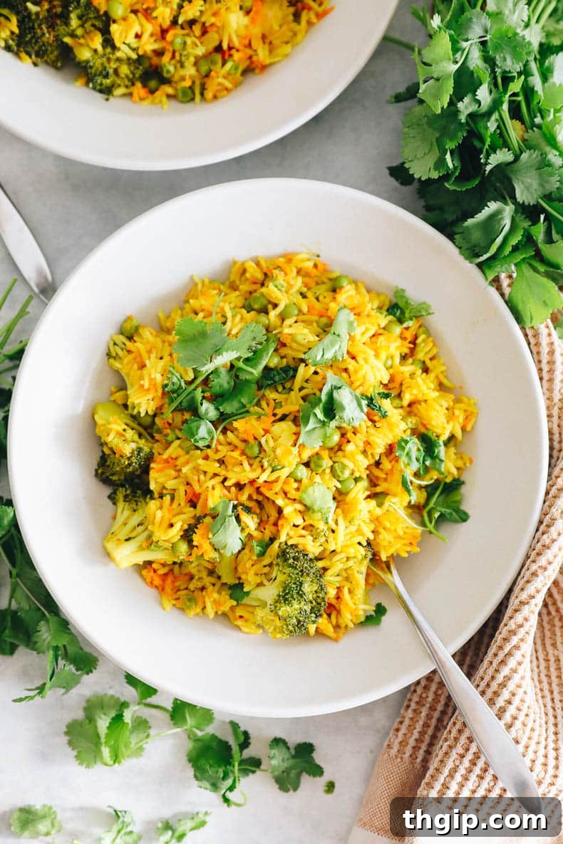 Fragrant Coconut Curry Rice with Vegetables 2 curried rice pilaf with veggies and cilantro in a white bowl. Aromatic and colorful dish.