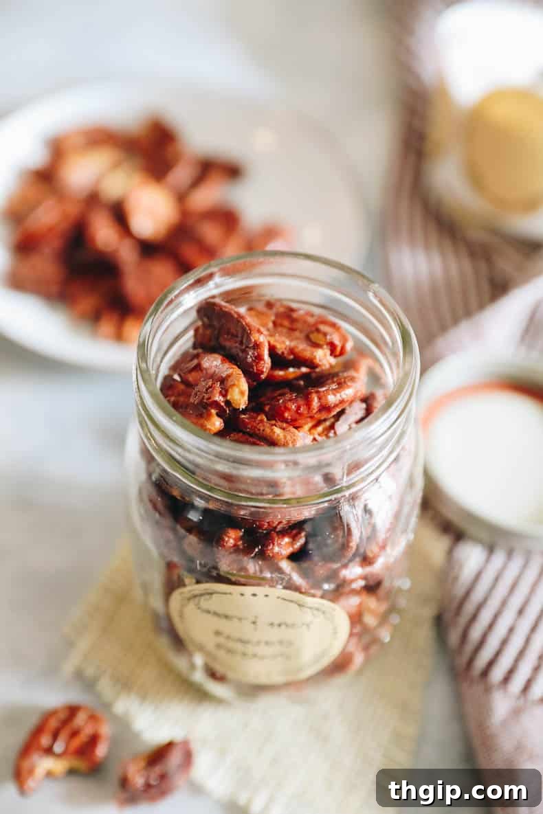 Candied Chili Pecans 5 Sweet and spicy roasted pecans, perfectly cooled and ready to be stored in a beautiful mason jar.