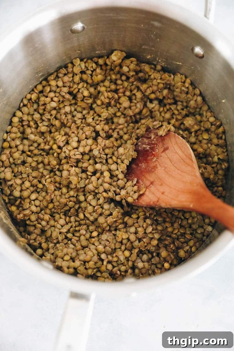 Cooked french lentils in a pot, ready to be served.