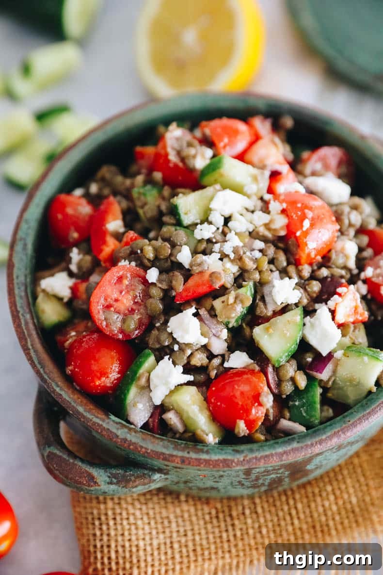 Vibrant Lentil Salad 6 Large bowl of Greek Lentil Salad with vibrant vegetables and feta.
