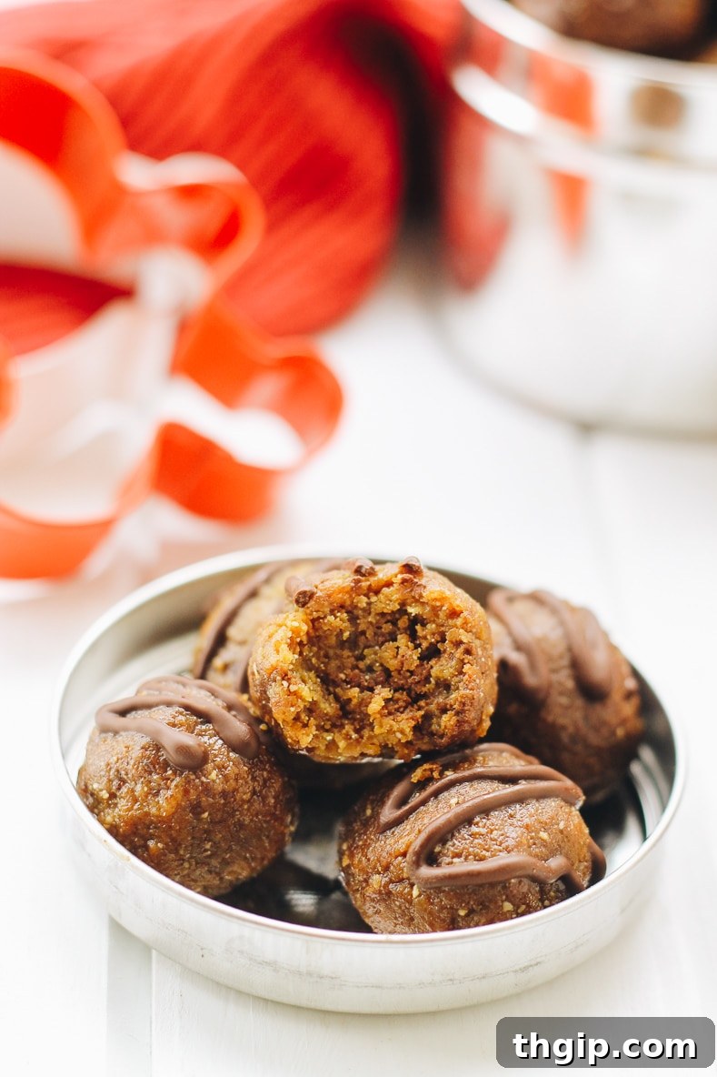 Gingerbread Chocolate Power Bites 4 A close-up of a single chocolate chip gingerbread energy ball, perfectly round and ready to be enjoyed as a healthy snack or festive treat.
