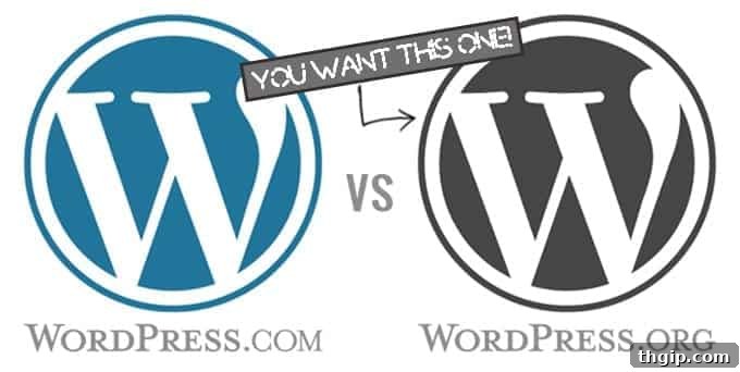 Comparison chart showing WordPress.COM VS WORDPRESS.ORG features for blogging.