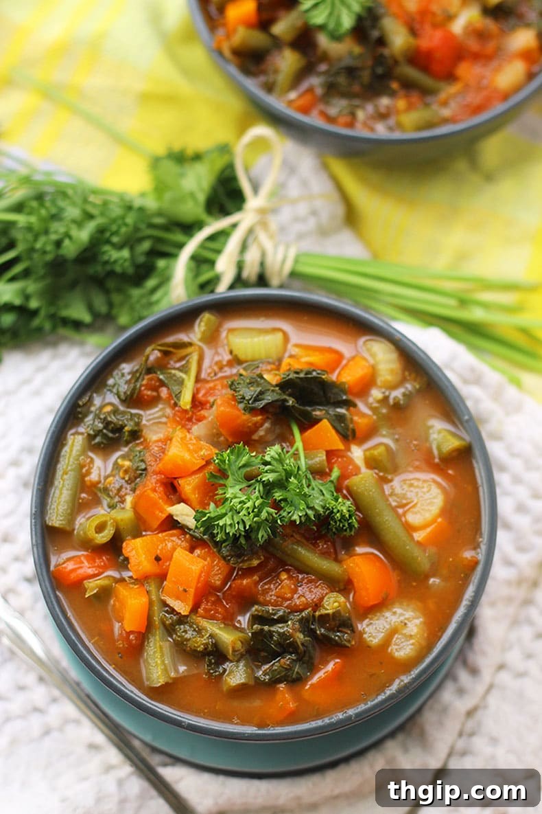 Garden Fresh Soup 2 A vibrant, healthy vegetable soup in a blue bowl, garnished with fresh parsley.