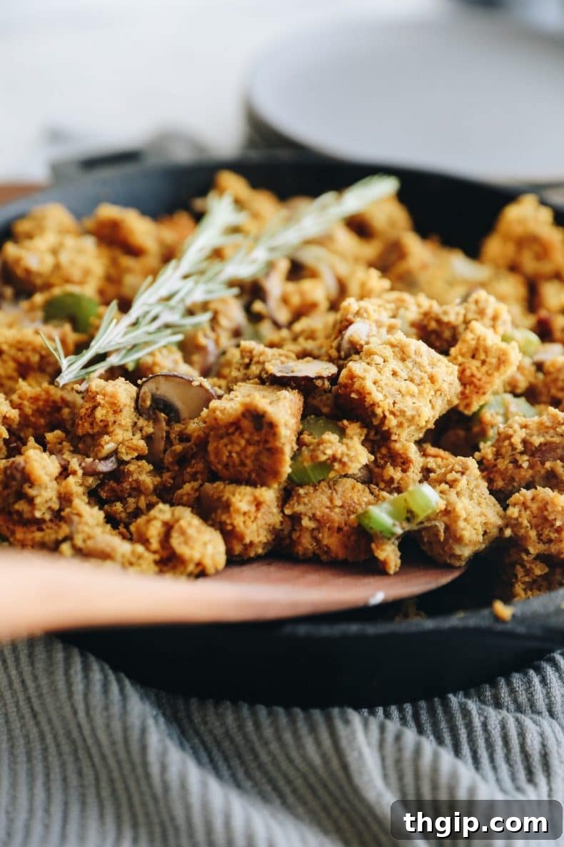 cornbread stuffing in cast iron skillet