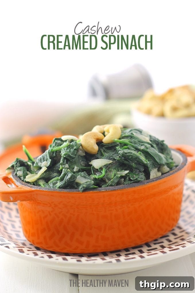 Silken Cashew Spinach 2 Ditch the cream and replace it with cashews! This cashew creamed spinach, made from blended cashews makes a delicious and nutritious dinner side and is ready in under 5 minutes!