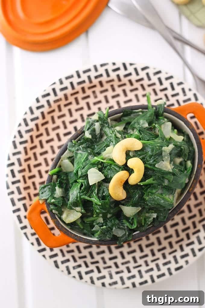 Silken Cashew Spinach 3 Ditch the cream and replace it with cashews! This cashew creamed spinach, made from blended cashews makes a delicious and nutritious dinner side and is ready in under 5 minutes!