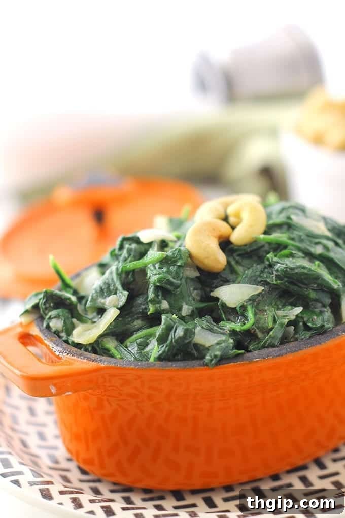 Silken Cashew Spinach 4 Ditch the cream and replace it with cashews! This cashew creamed spinach, made from blended cashews makes a delicious and nutritious dinner side and is ready in under 5 minutes!