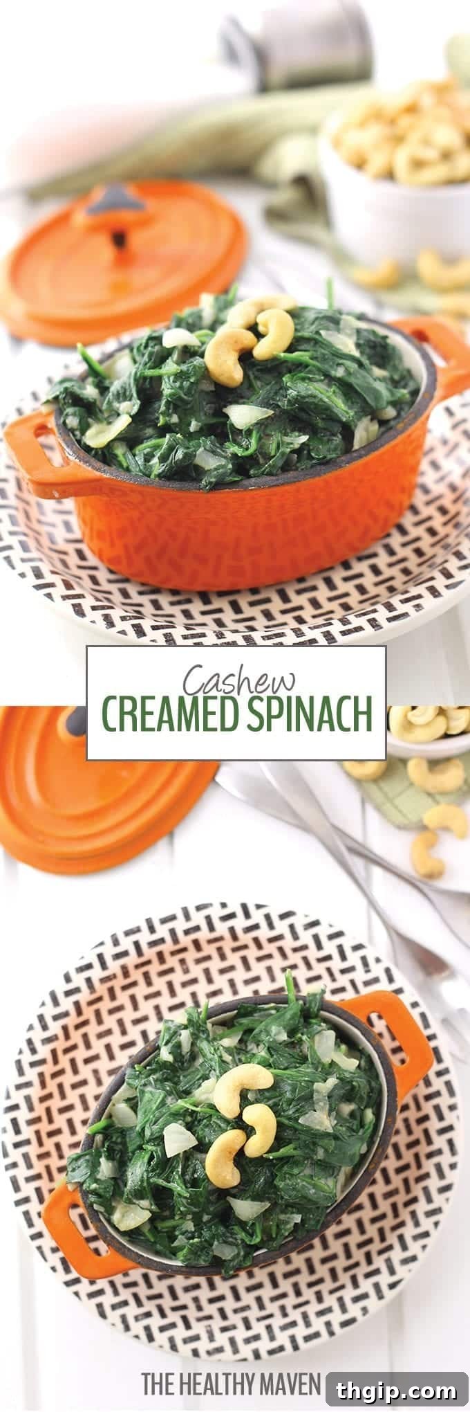 Silken Cashew Spinach 6 Ditch the cream and replace it with cashews! This cashew creamed spinach, made from blended cashews makes a delicious and nutritious dinner side and is ready in under 5 minutes!