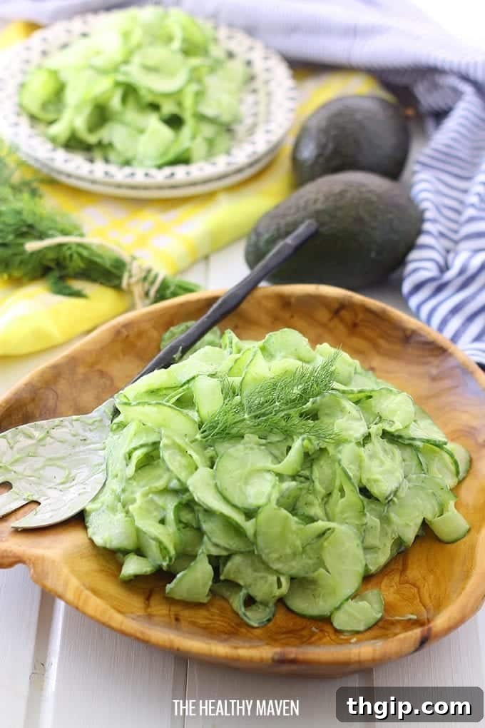 Healthy Cucumber Noodle Salad with Avocado Dill Dressing, a vibrant green salad in a bowl