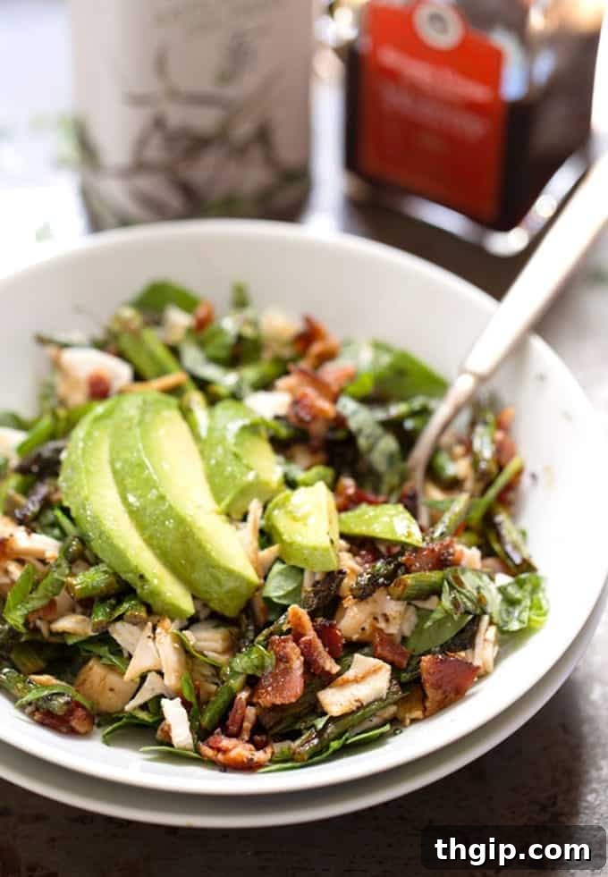 Chicken Bacon Avocado Salad with Roasted Asparagus, a colorful and hearty salad