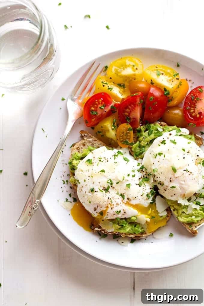 Poached Egg with Avocado Toast, a close-up of a perfectly cooked egg on a green avocado spread