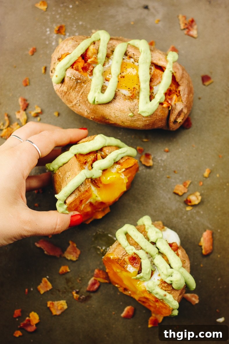 Hearty Sweet Potato Egg Boats with Creamy Avocado and Crispy Bacon 3 Ingredients laid out for Sweet Potato Egg Boats with avocado, lime, and spices for the crema.