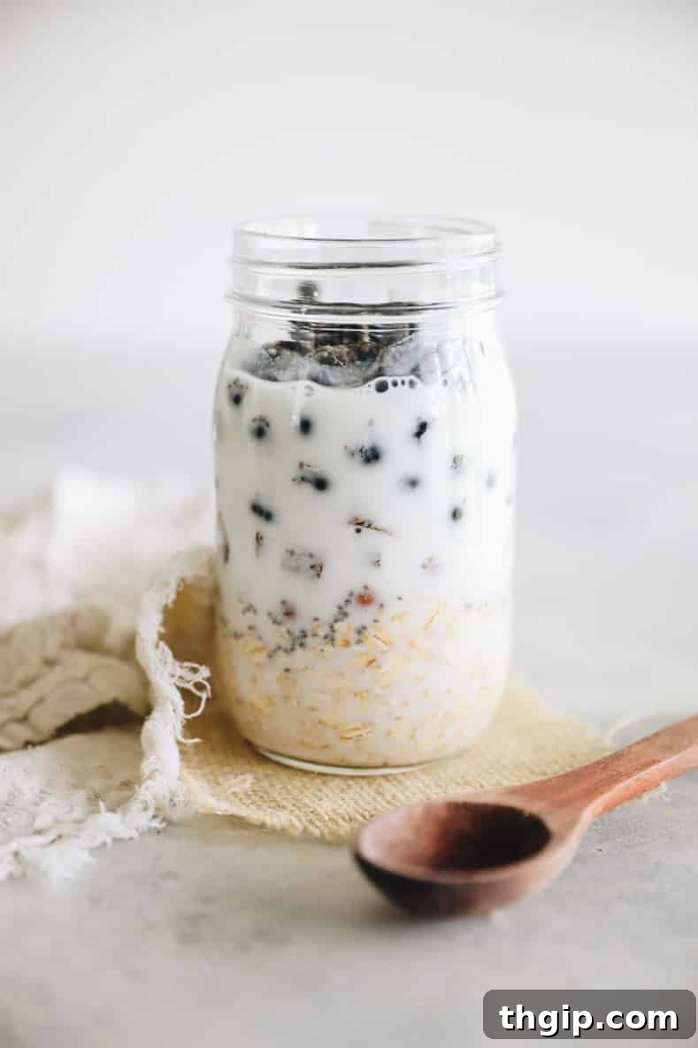 Bircher Muesli Bliss 5 The fourth step in making Bircher Muesli: a fully prepared mason jar of muesli, sealed and placed in the refrigerator for overnight soaking.