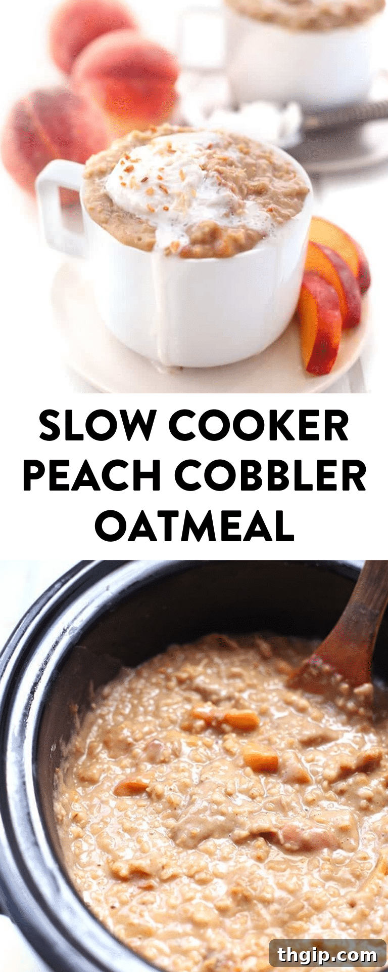 Overnight Peach Cobbler Oatmeal 2 A vibrant image of Slow Cooker Peach Cobbler Oatmeal, highlighting fresh peaches and creamy texture