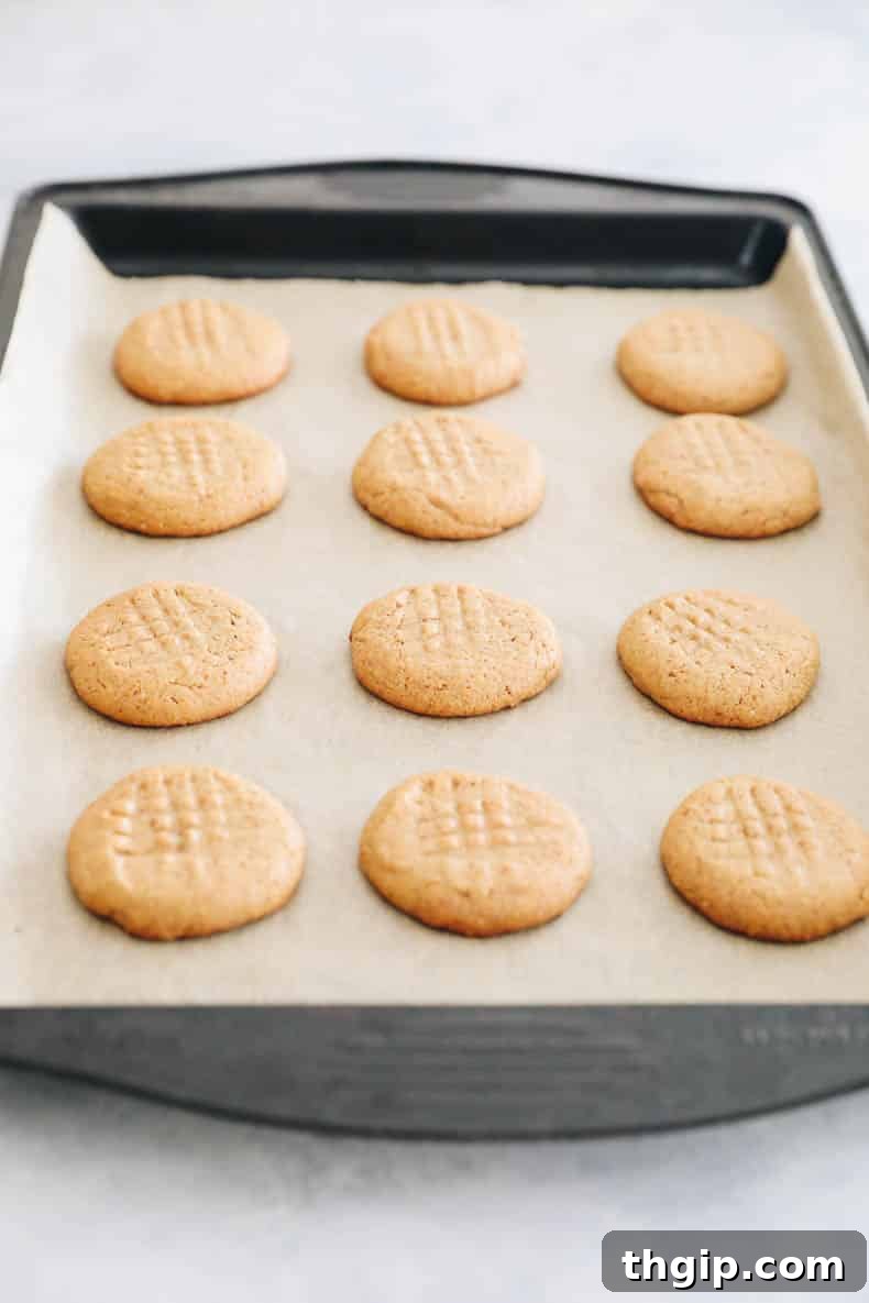 Wholesome Peanut Butter Treats 4 Healthy peanut butter cookies cooling on a baking sheet, showcasing the classic fork marks.