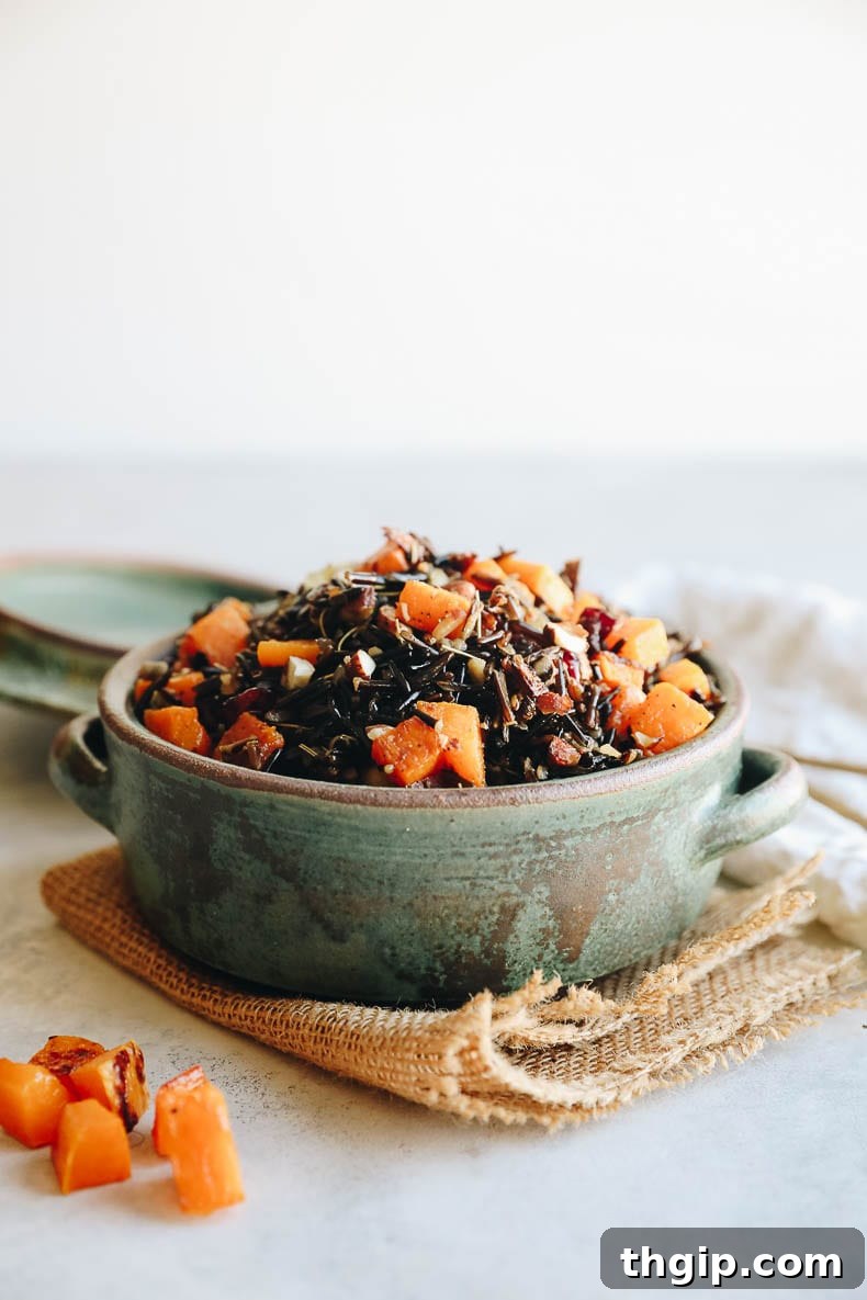 Delicious Wild Rice Pilaf with butternut squash, almonds, and cranberries
