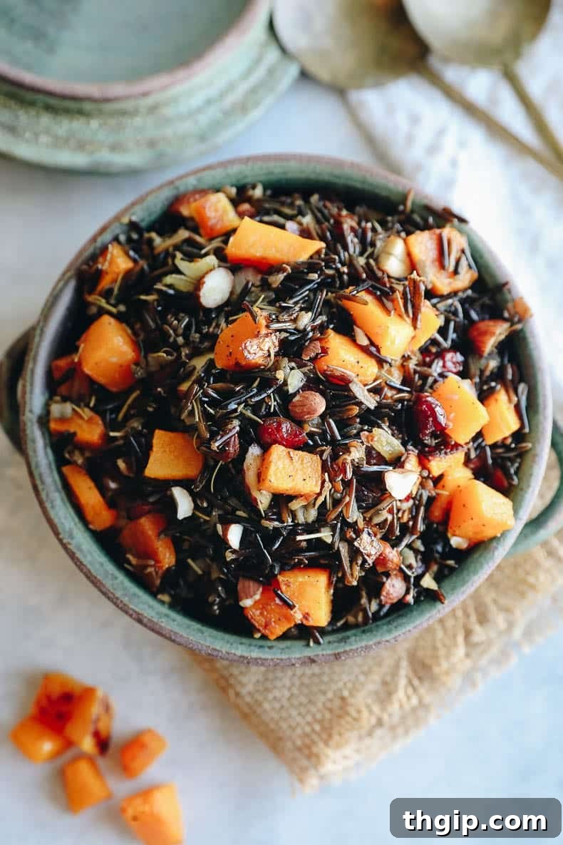Close-up of Wild Rice Pilaf with cranberries and butternut squash for a festive fall meal
