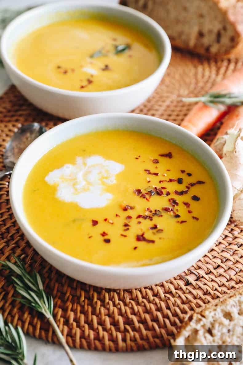 Velvety Ginger Carrot Sunshine 2 Vibrant ginger carrot soup in a white bowl, garnished with red pepper flakes and a swirl of coconut milk.