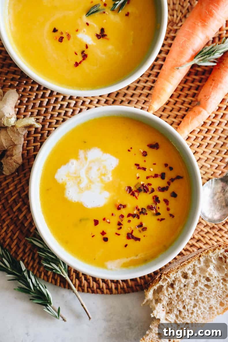 Velvety Ginger Carrot Sunshine 7 Appetizing carrot soup served in a white bowl, elegantly drizzled with coconut milk and a hint of red pepper flakes.