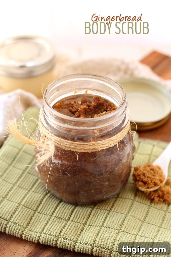 Sweet & Spicy Gingerbread Body Polish 2 Luxurious homemade gingerbread body scrub in a mason jar, perfect for holiday gifting and winter skincare.