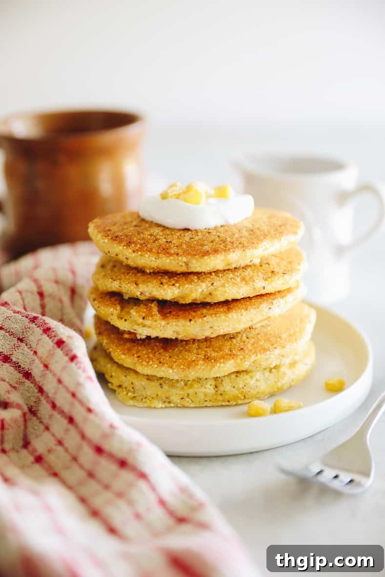 Corn pancakes stacked on a white plate and topped with a dollop of greek yogurt.