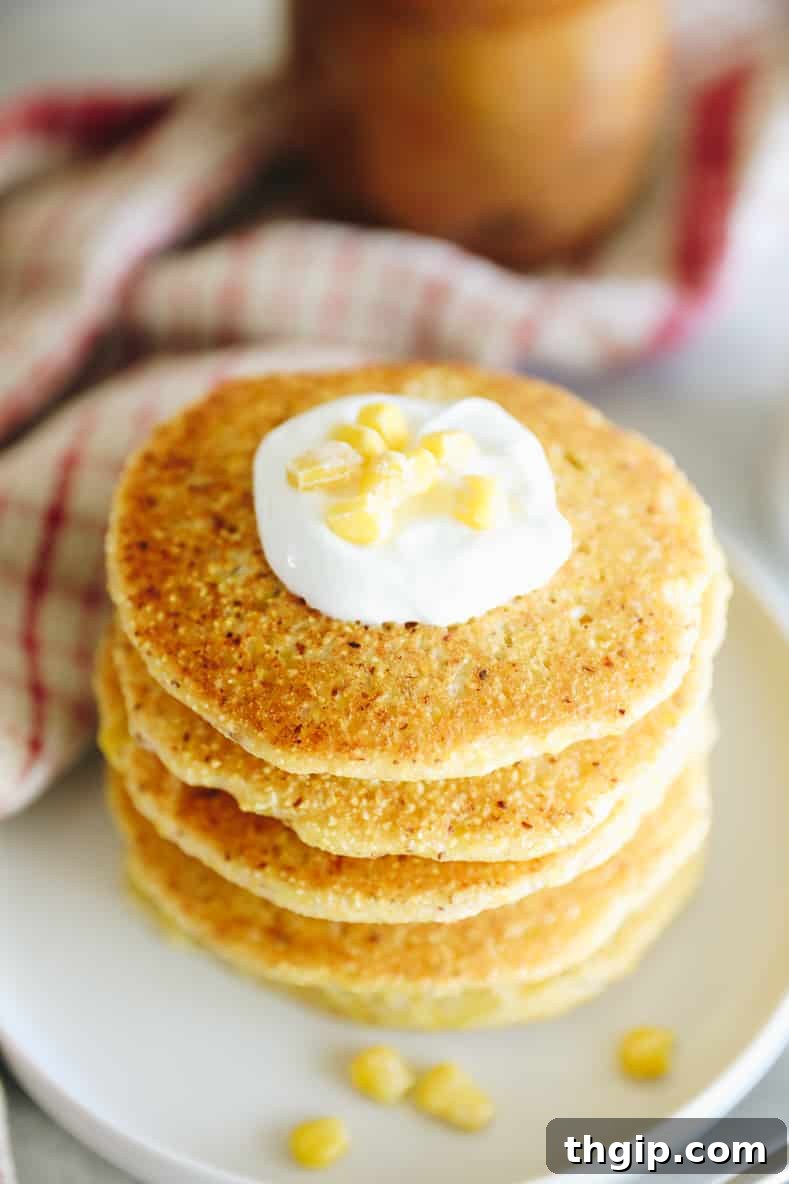 Corn pancakes stacked on a white plate and topped with a dollop of greek yogurt.